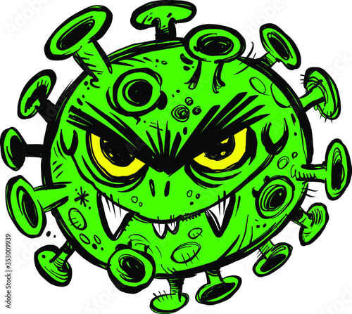 Evil cartoon disease virus with a nasty expression, fangs, and spores