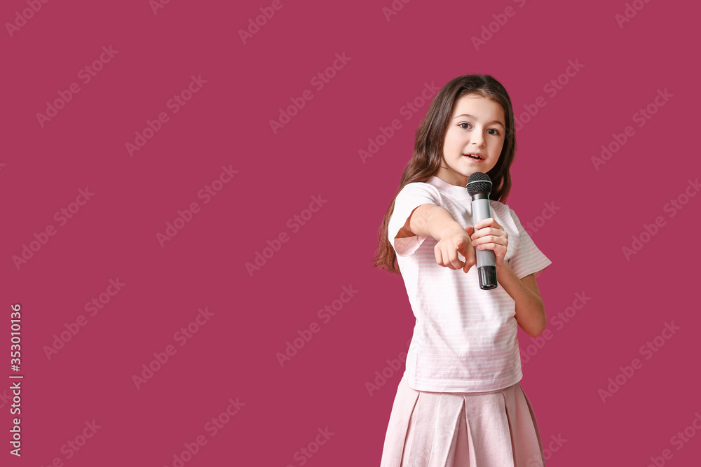 Cute little girl singing against color background Cute little girl singing against color background