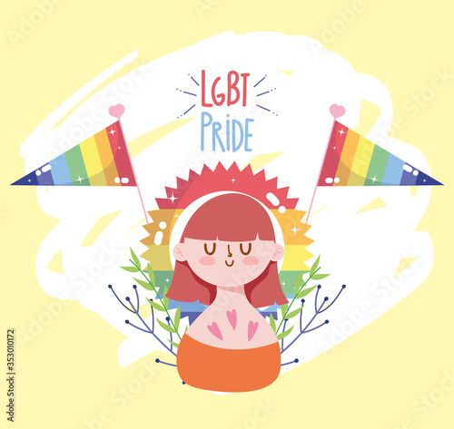 Girl cartoon with lgtbi flags and seal stamp with leaves vector design
