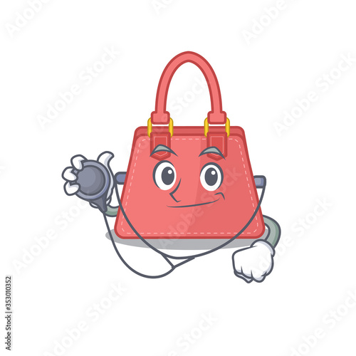 Smiley doctor cartoon character of women handbag with tools