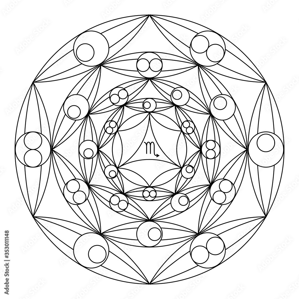 Coloring book of sacred geometry. Mandala of zodiac sign of Scorpio Coloring book of sacred geometry. Mandala of zodiac sign of Scorpio