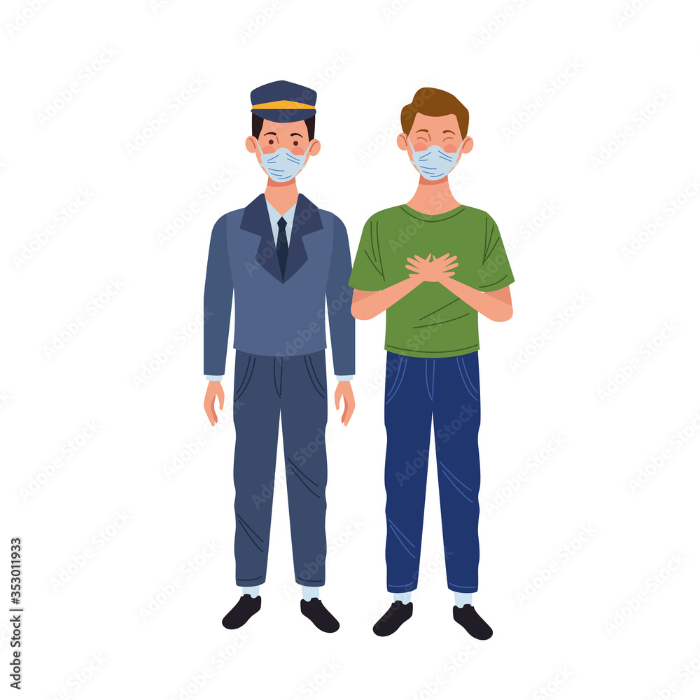 young man and taxi driver using medical mask