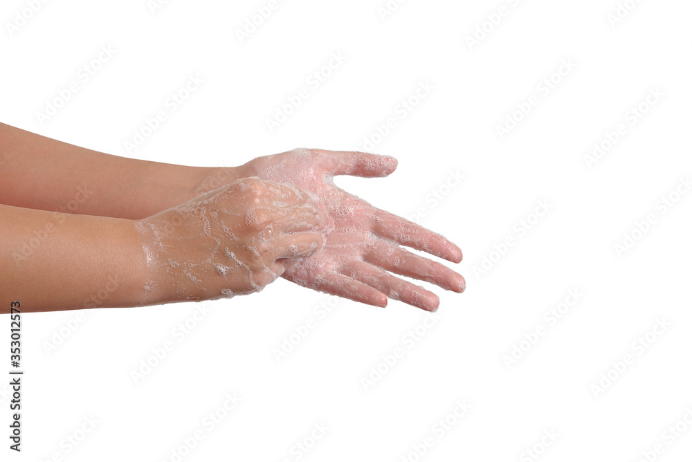 Fototapeta premium Hand washing medical procedure step by step. Isolated on white background.