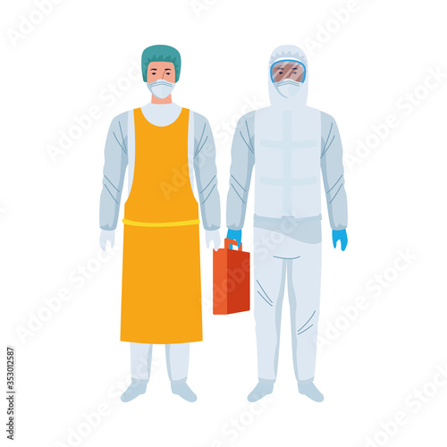 workers wearing biosafety suits characters