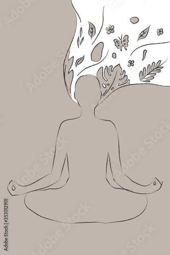 mindfulness female do yoga for mental health flower and leaf from her head and hair hand drawing sketch