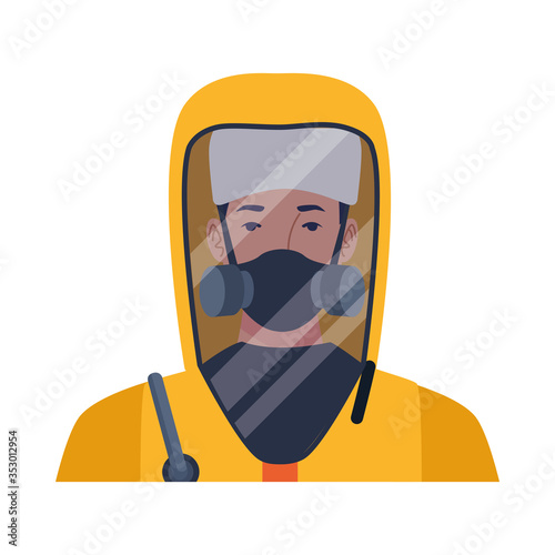 worker wearing biosafety suit yellow