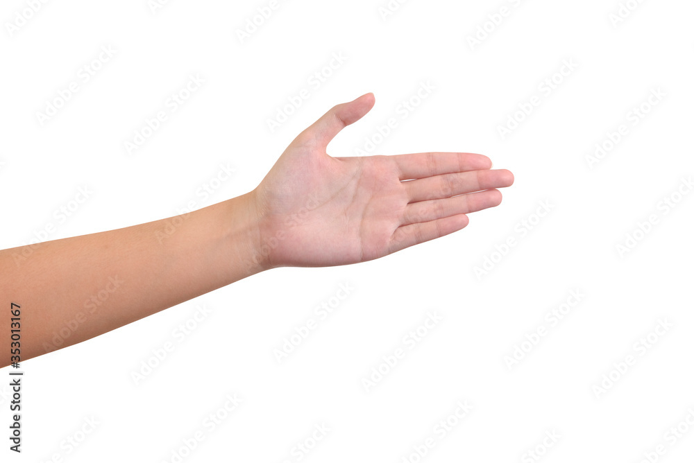 Woman open palm on a white background with clipping path included. Woman open palm on a white background with clipping path included.