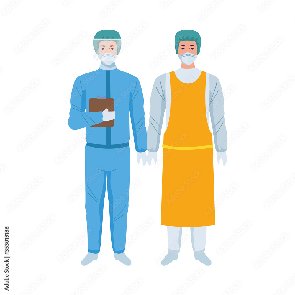 workers wearing biosafety suits characters