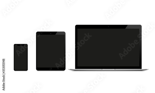 Set of modern mobile devices: smartphone, tablet and ultralight notebook  with blank black screen.. Realistic mockup. Vector illustration.