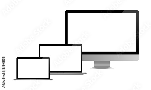 Set of modern devices: ultralight notebook, professional laptop and  computer display  with blank white screen.. Realistic mockup. Vector illustration.