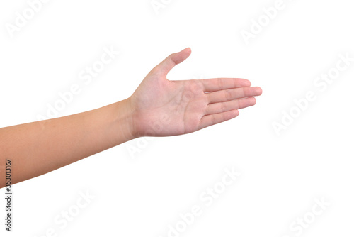 Woman open palm on a white background with clipping path included.