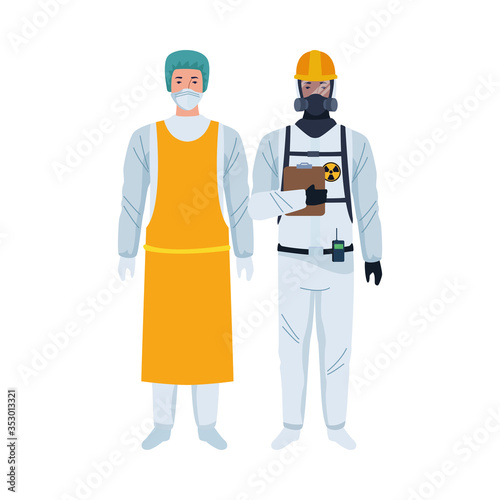 workers wearing biosafety suits characters