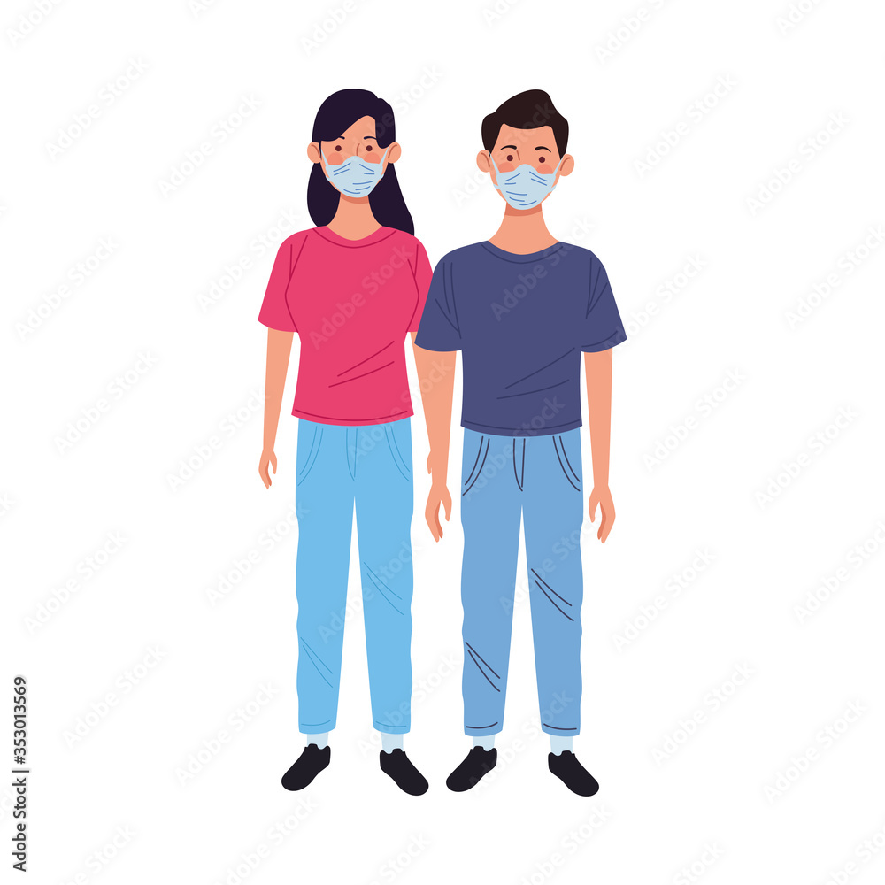 young couple using medical masks characters