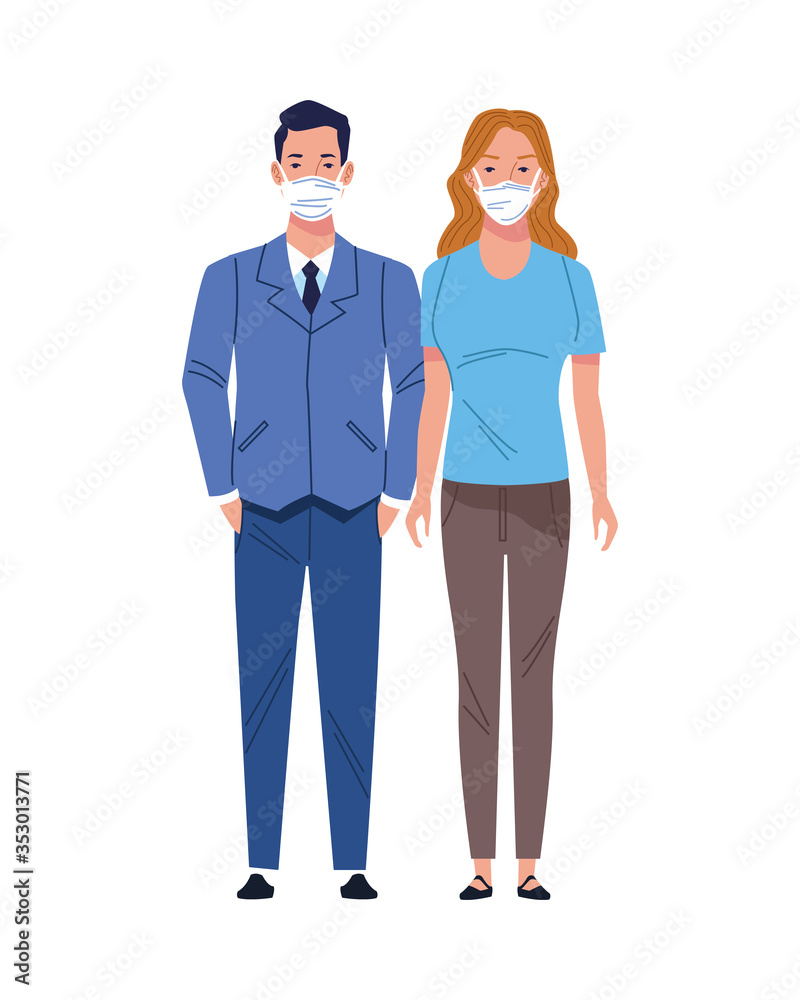business couple using medical masks characters business couple using medical masks characters