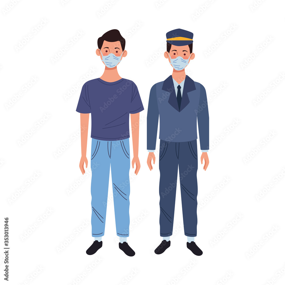 young man and taxi driver using medical mask