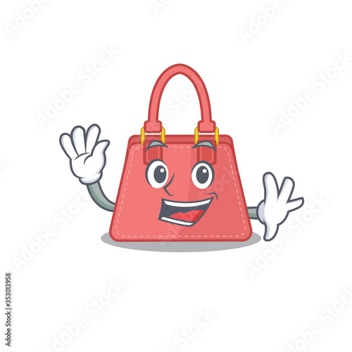 A charming women handbag mascot design style smiling and waving hand