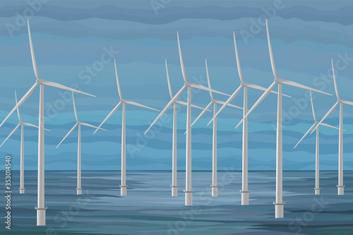 White wind turbine generating electricity in the sea