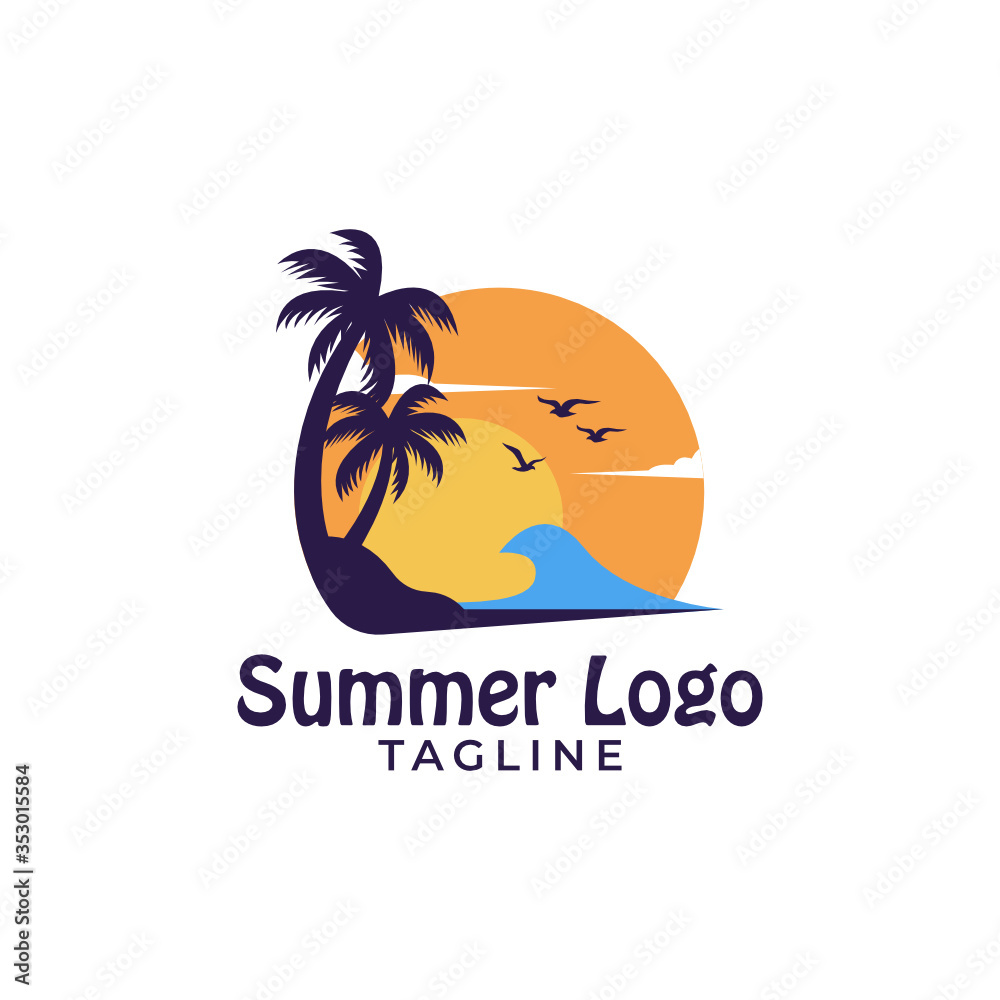 Simple minimalist warm sunset beach summer logo design template vector