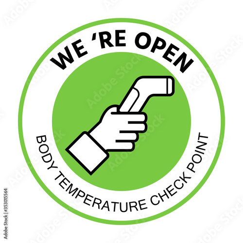 We're open again after quarantine, vector illustration of small business owner. Check body temperature before entering public area to fight against coronavirus in flat style, COVID-19 outbreak,vector