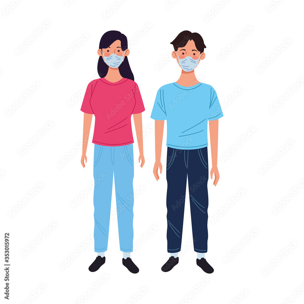 young couple using medical masks characters young couple using medical masks characters