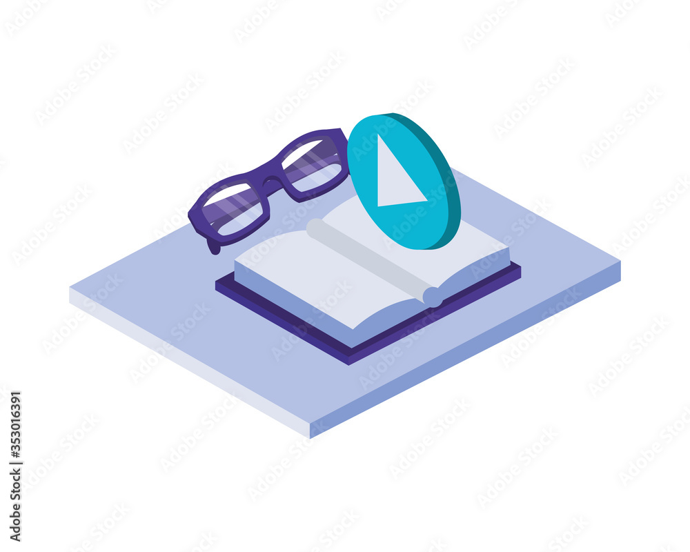 text book library with eyeglasses and play button text book library with eyeglasses and play button
