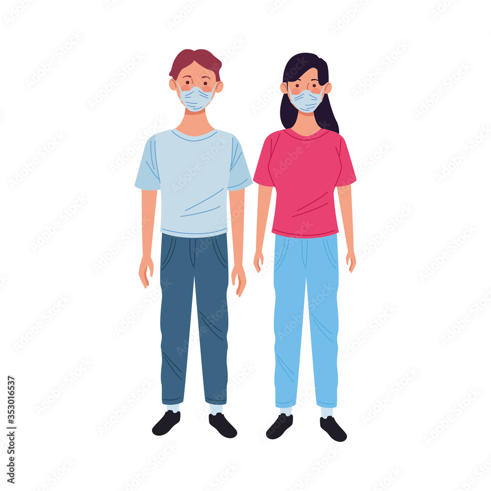 young couple using medical masks characters young couple using medical masks characters