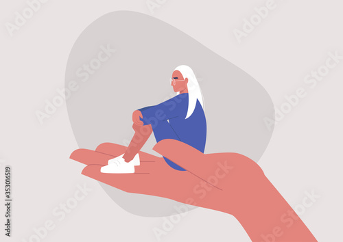 A young female character sitting on a hand palm, psychotherapy, help and support, a counseling session