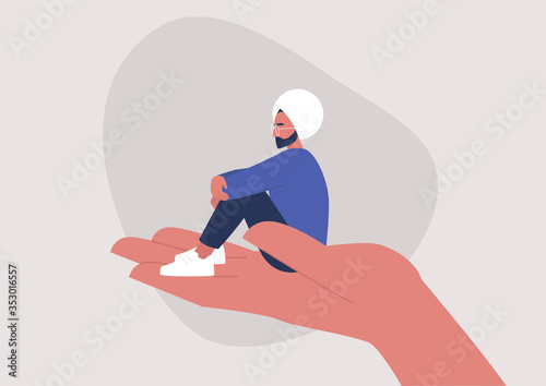 A young indian male character sitting on a hand palm, psychotherapy, help and support, a counseling session