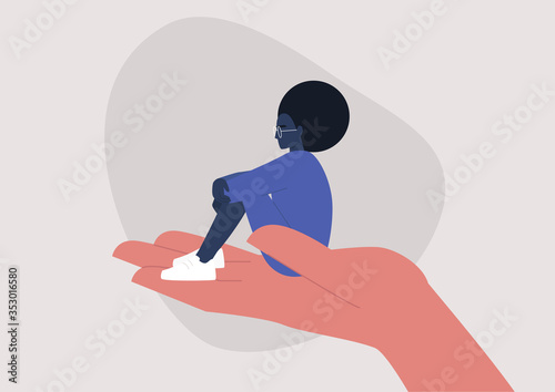 A young black female character sitting on a hand palm, psychotherapy, help and support, a counseling session