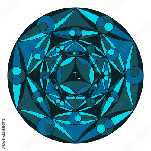 Colored coloring book of sacred geometry. Mandala of zodiac sign of Scorpio