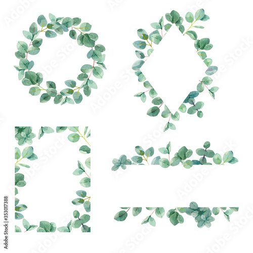 Set of hand drawn watercolor frames with green eucalyptus leaves. Template for wedding and save the date card. Isolated on white