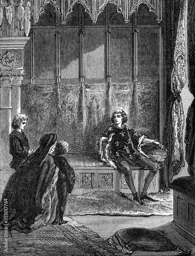 Quadro em tela The Duchess of Orleans and her children asking for justice from Charles VI, vintage illustration