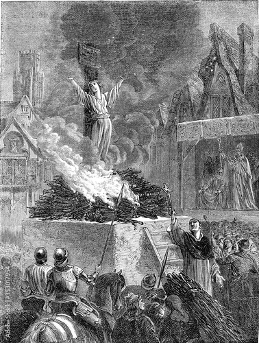 Jeanne Darc at the stake, vintage illustration.