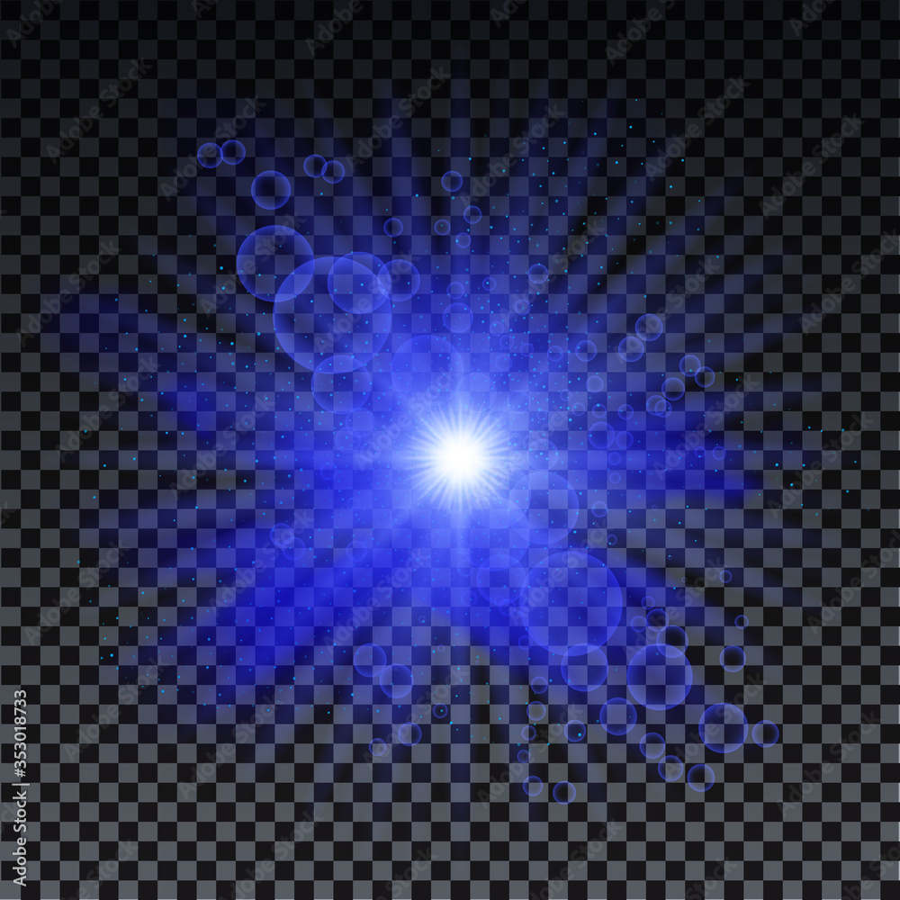 Blue burst on transparent background with sparkles and bokeh. Blue star glow effect. Magic burst for cads, invitations, poster and web. Futuristic vector design. Blue burst on transparent background with sparkles and bokeh. Blue star glow effect. Magic burst for cads, invitations, poster and web. Futuristic vector design.