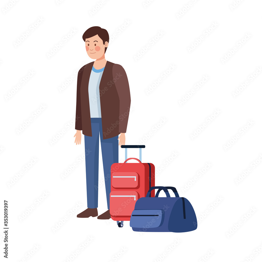 young man using medical mask and suitcase young man using medical mask and suitcase