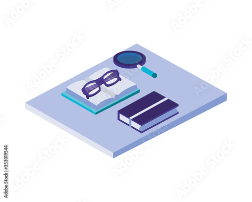 text books library with magnifying glass