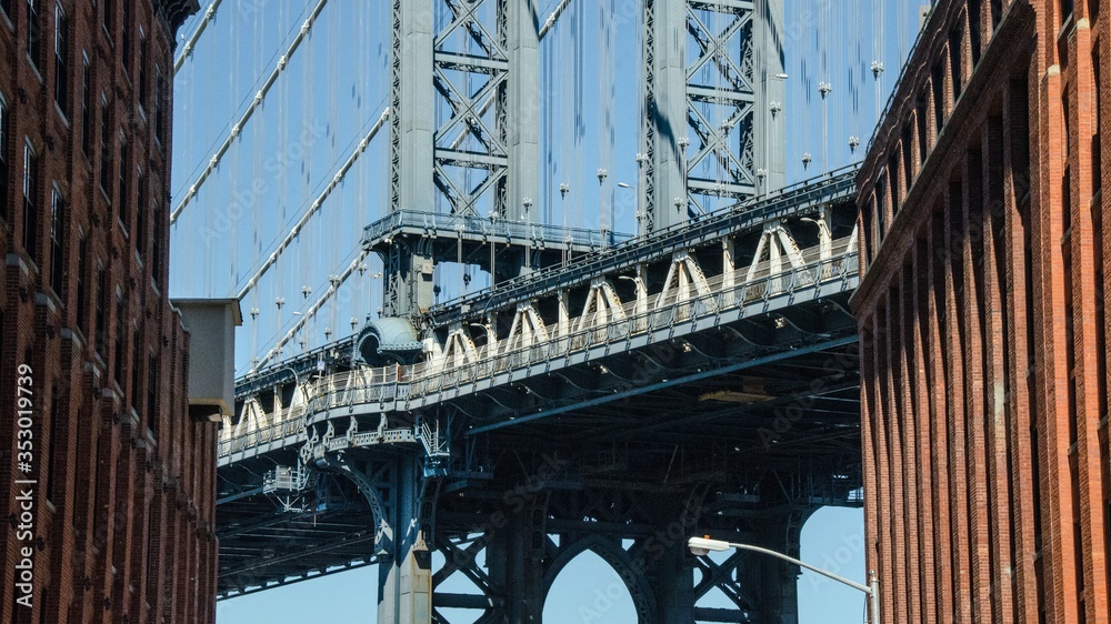 Closeup of the Manhattan Bridge, seen from Dumbo area in New York, USA