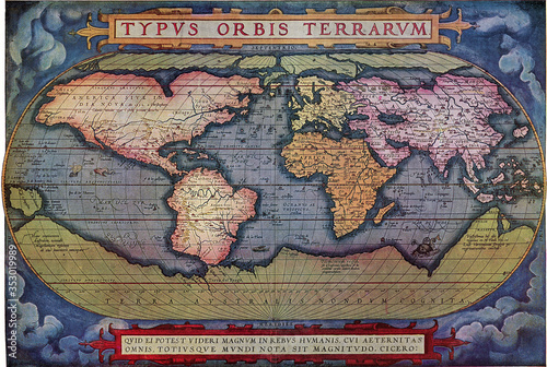 Abraham Ortelius 1571 World Map, vintage illustration. photo