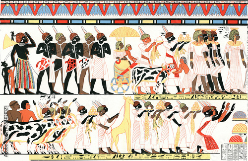 Leinwand Poster Ethiopian and Egyptian types on a mural in a burial chamber in Thebes, vintage illustration