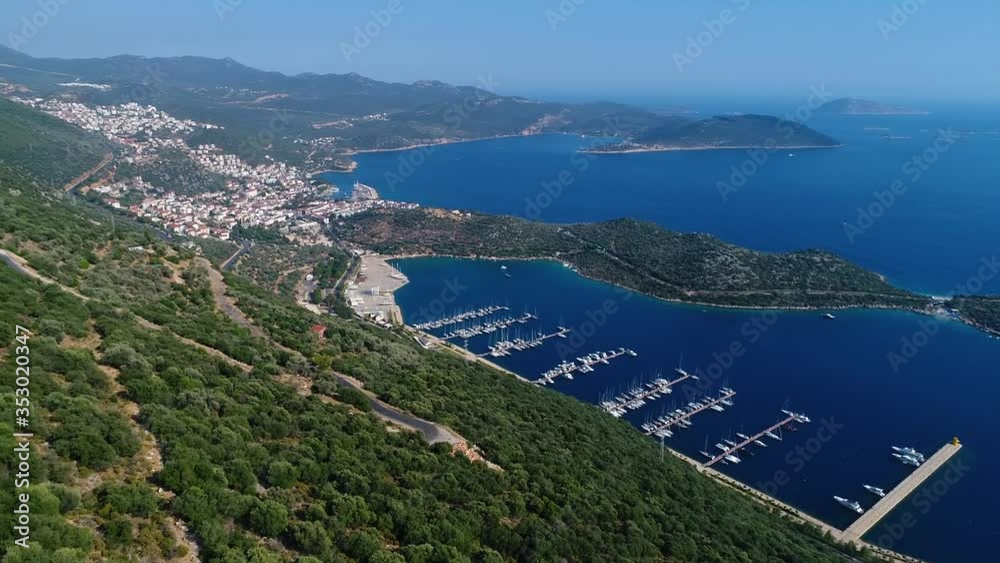 Kalkan drone view from above, sea and mountains. Town Kalkan, Mediterranean Coast, Turkey Kalkan drone view from above, sea and mountains. Town Kalkan, Mediterranean Coast, Turkey