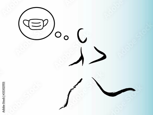 COVID-19 A runner who is thinking of wearing a mask to prevent the spread of coronavirus. Man running without a mask. Hand drawn illustration, simple line design, vector