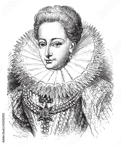 Queen Grabrielle of Estrees. France, vintage engraving