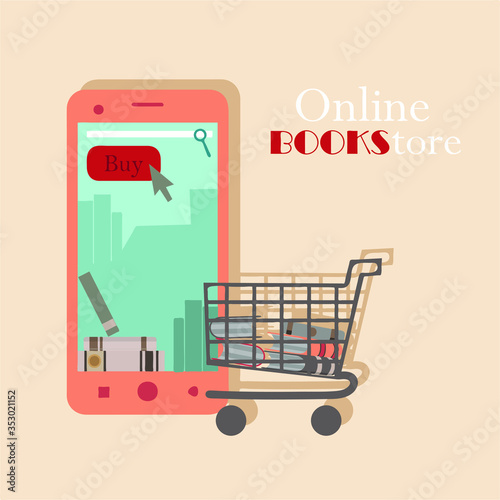Cart with books. The concept of online bookstore. Online purchases