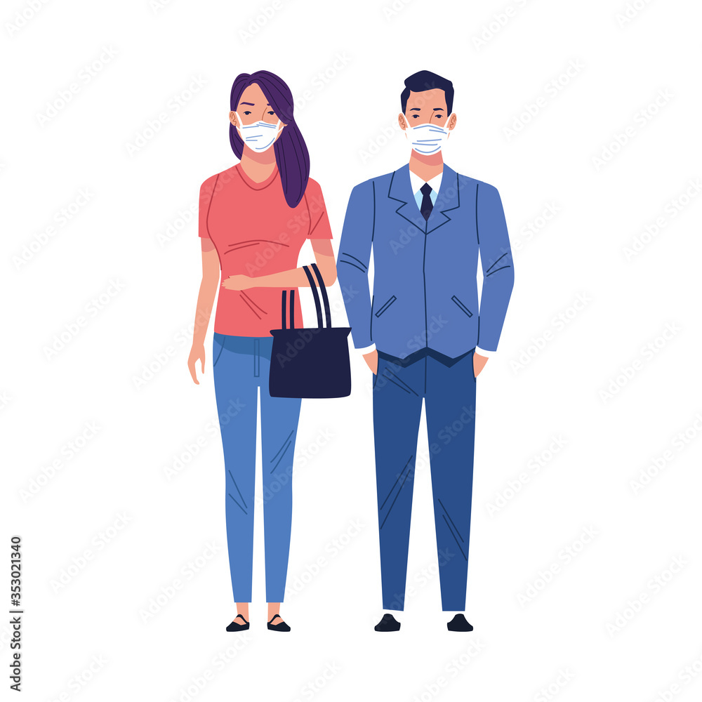 business couple using medical masks characters business couple using medical masks characters