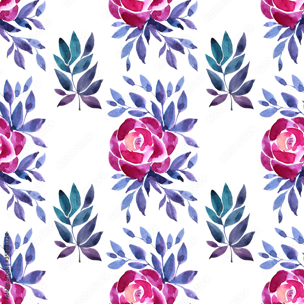 Seamless pattern watercolor hand-drawn pink peony or rose flower with blue leaves on white background. Art creative card, wallpaper, textile or wrapping.