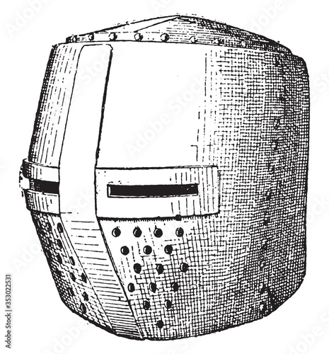 Helmet in barrel, vintage illustration.