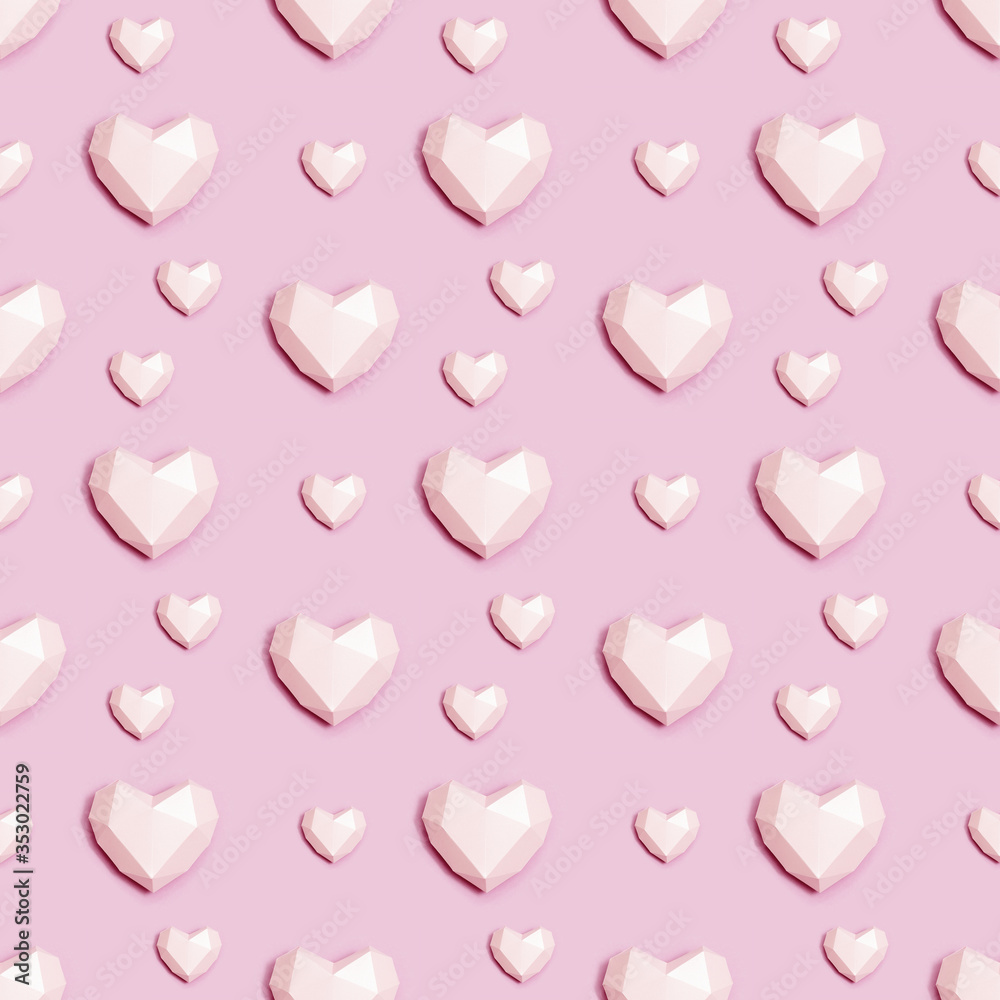 Seamless pattern with volumetric paper hearts pink colored. Valentines day background. Pastel colors.