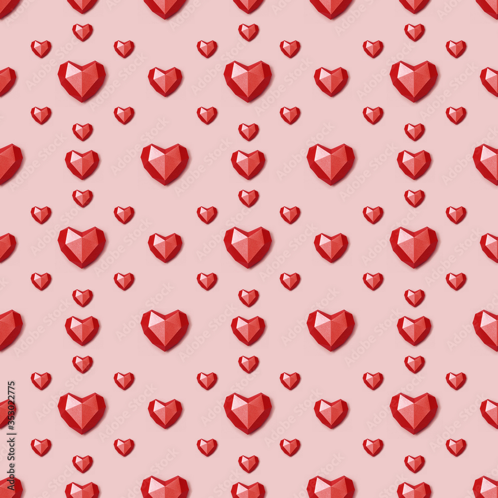 Seamless pattern with volumetric paper hearts red colored. Valentines day background. Geometric ornament.