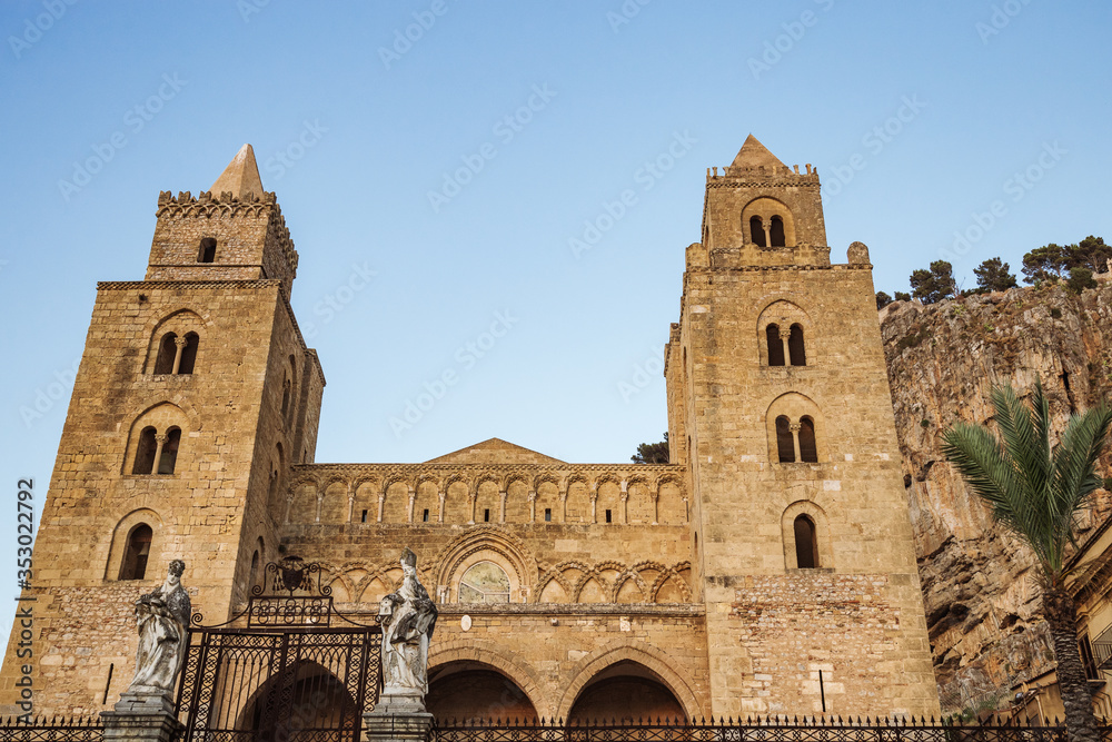 Medieval norman Cathedral of Cefalu, Sicily, Italy. Famous Roman Catholic Basilica in Norman style is popular attraction in city.