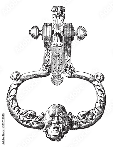 Pushed iron door knocker (XV century) (Cluny Museum), vintage illustration.